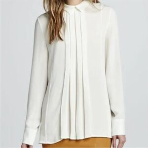Theory Forta Pleated Silk Georgette Crepe-De-Chine Semi-Sheer Blouse in Cream